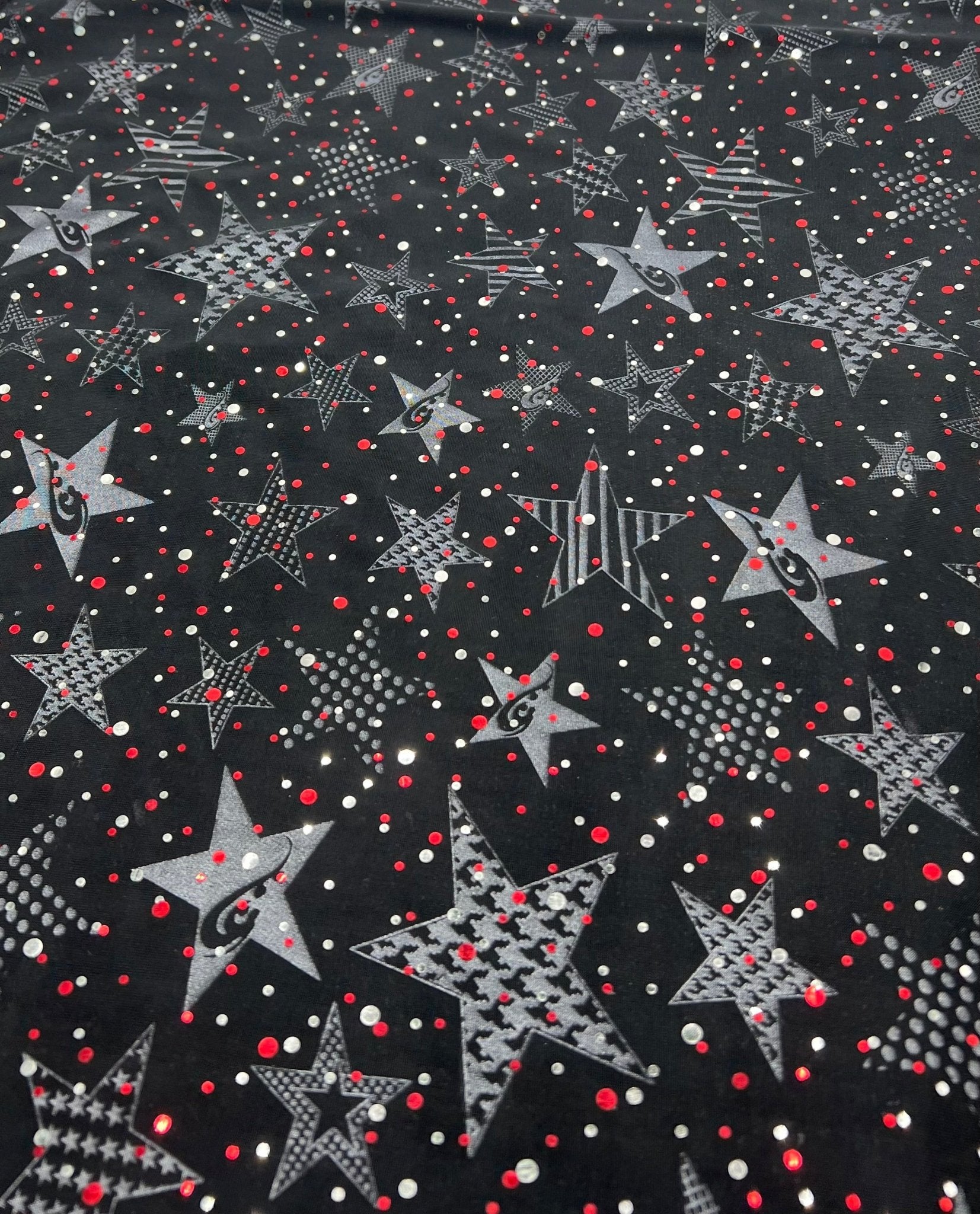 Red Silver Star Sequin Print Soft Touch 4 Way Stretch Fabric - T9 Fabrics